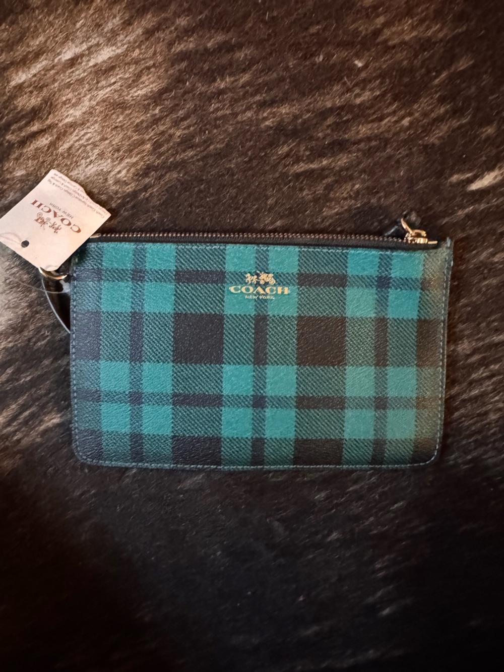 Coach Teal and Black Plaid Zip-Around Wallet NWT